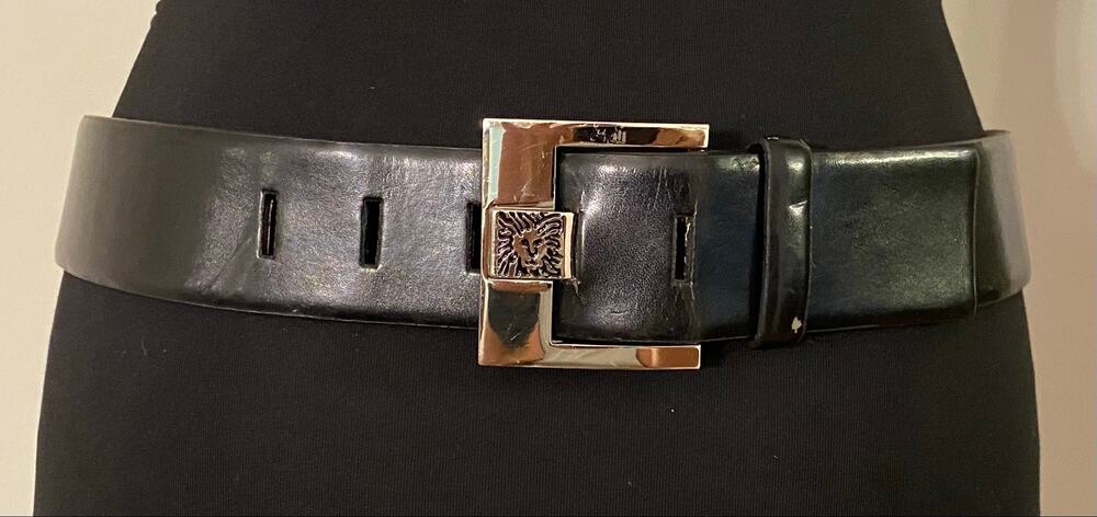 Anne Klein Black Belt Silver Lion Logo Statement Buckle 1.5” Wide Small 30"-32"